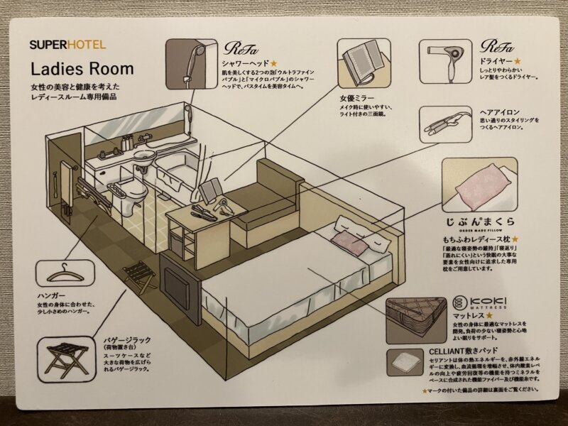 「スーパーホテル Premier 仙台国分町」のレディースルームに備え置きのレディースルーム専用備品の説明書（表）